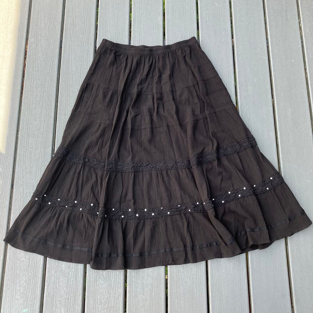 Black tiered peasant maxi skirt with sequins, whimsigoth fairycore bohemian